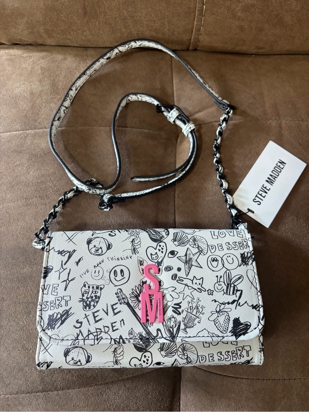 Steve Madden White Doodle Crossbody with Pink SM Emblem